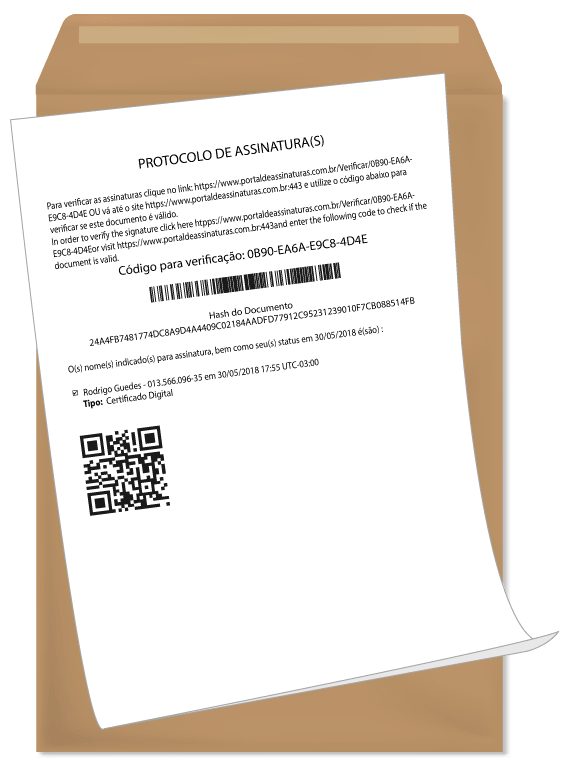 Nesta imagem, há uma folha de papel em cima de um envelope de papel pardo. Na folha, aparece o texto "Protocolo de Assinaturas" e alguns links de verificação, QR code, código de barras, hash, entre outros.