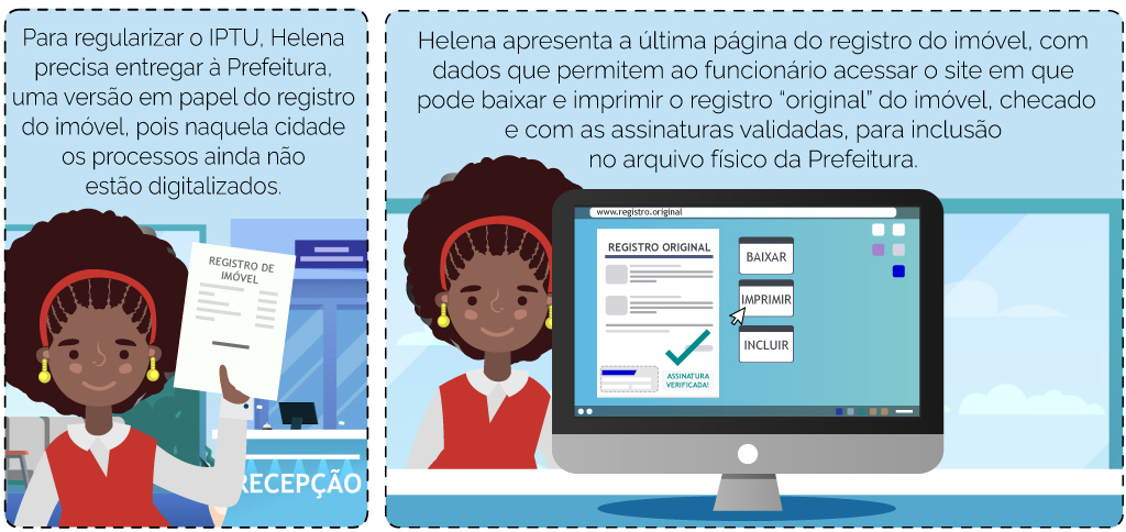 A imagem é uma tirinha de dois quadrinho. O primeiro quadro, mostra Helena na recepção da Prefeitura. Acima das ilustrações, há a seguinte descrição: "Para regularizar o IPTU, Helena precisa entregar à Prefeitura uma versão em papel do registro do imóvel, pois naquela cidade os processos ainda não estão digitalizados". No segundo quadro, o atendente baixa e imprime o registro original do imóvel. Acima das ilustrações, tem o seguinte texto : "Helena apresenta a última página do registro do imóvel, com dados que permitem ao funcionário acessar o site em que pode baixar e imprimir o registro ‘original’ do imóvel, checado e com as assinaturas validadas, para inclusão no arquivo fiscal da Prefeitura”.